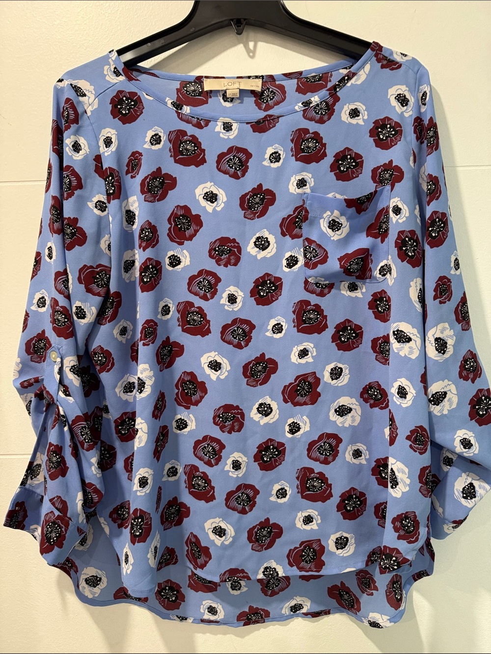 Loft Petites Blue Poppy Floral Roll Tab Sleeve Blouse Top Womens LP
